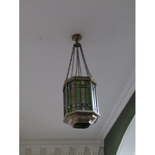 67 - Ceiling Light Cast Brass with Stained Glass Panels Original Ceiling Rose and Chains