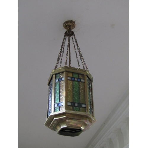 67 - Ceiling Light Cast Brass with Stained Glass Panels Original Ceiling Rose and Chains