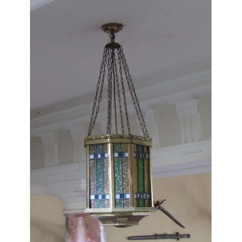 67 - Ceiling Light Cast Brass with Stained Glass Panels Original Ceiling Rose and Chains