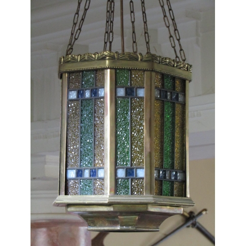 67 - Ceiling Light Cast Brass with Stained Glass Panels Original Ceiling Rose and Chains