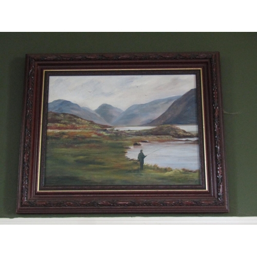 69 - Irish School Angler by Lake Mountains Beyond Oil on Canvas Approximately 14 Inches High x 16 Inches ... 