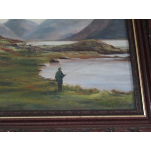 69 - Irish School Angler by Lake Mountains Beyond Oil on Canvas Approximately 14 Inches High x 16 Inches ... 