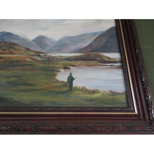 69 - Irish School Angler by Lake Mountains Beyond Oil on Canvas Approximately 14 Inches High x 16 Inches ... 