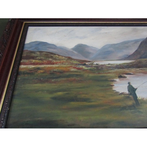 69 - Irish School Angler by Lake Mountains Beyond Oil on Canvas Approximately 14 Inches High x 16 Inches ... 