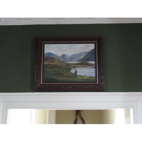 69 - Irish School Angler by Lake Mountains Beyond Oil on Canvas Approximately 14 Inches High x 16 Inches ... 