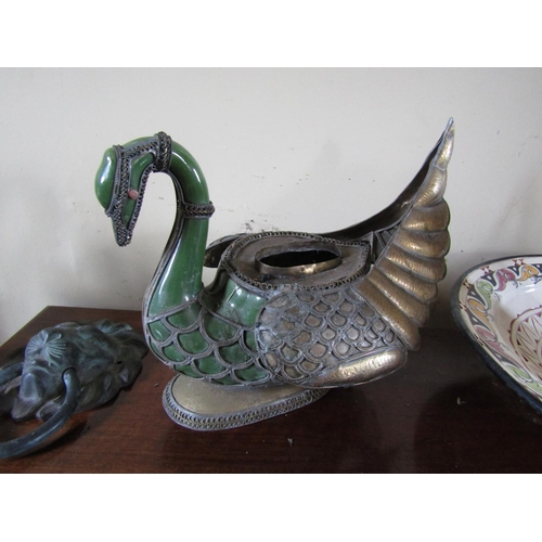 71 - Unusual Porcelain and Metalwork Swan Motif Jardiniere Approximately 12 Inches Wide x 9 Inches High