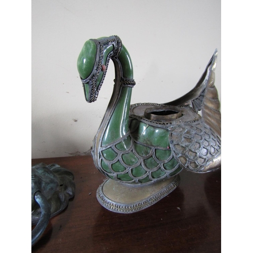 71 - Unusual Porcelain and Metalwork Swan Motif Jardiniere Approximately 12 Inches Wide x 9 Inches High