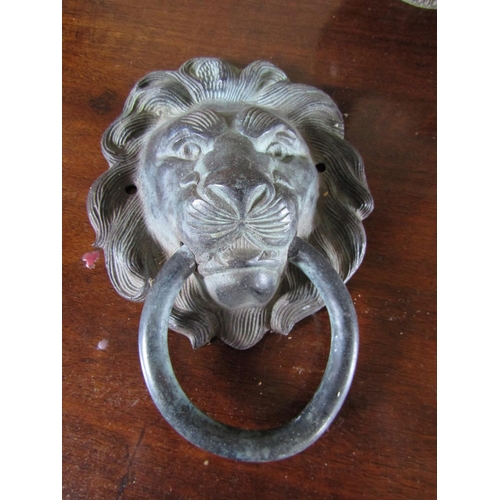 72 - Bronze Door Knocker Lion Head Motif with Ring Knock Total Approximately 5 Inches High