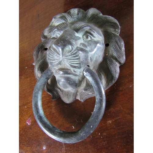 72 - Bronze Door Knocker Lion Head Motif with Ring Knock Total Approximately 5 Inches High