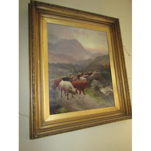 75 - Victorian Scottish School HR Hall Cattle Scene Highland Cattle with Mountains Beyond Oil on Canvas A... 