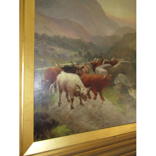 75 - Victorian Scottish School HR Hall Cattle Scene Highland Cattle with Mountains Beyond Oil on Canvas A... 