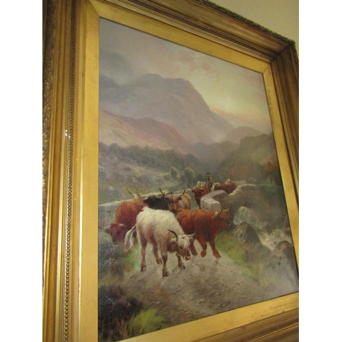 75 - Victorian Scottish School HR Hall Cattle Scene Highland Cattle with Mountains Beyond Oil on Canvas A... 