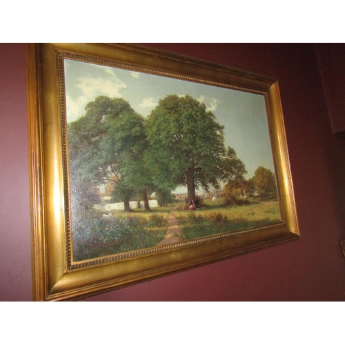753 - European Edwardian School Summer Picnic Oil on Canvas Approximately 20 Inches High x 30 Inches Wide ... 