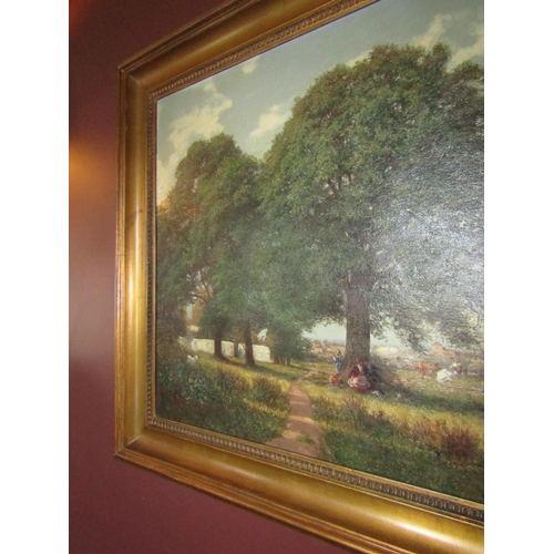 753 - European Edwardian School Summer Picnic Oil on Canvas Approximately 20 Inches High x 30 Inches Wide ... 