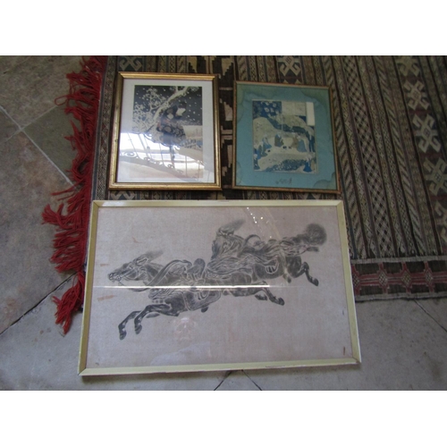 Charcoal Drawing Flying Horses and Two Oriental Lithographs Gilt Framed Three in Lot Largest Approximately 16 Inches High x 22 Inches Wide