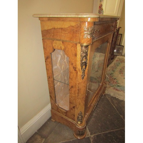 654 - Figured Walnut Pier Cabinet Single Glazed Door Marble Top Attractively Detailed Original Key Present... 