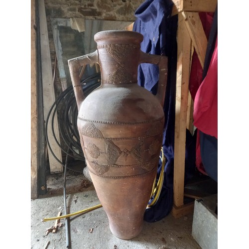 958 - Old Earthenware Pot Approximately 4ft 8 Inches with Applied Metalwork Damage to left Handle