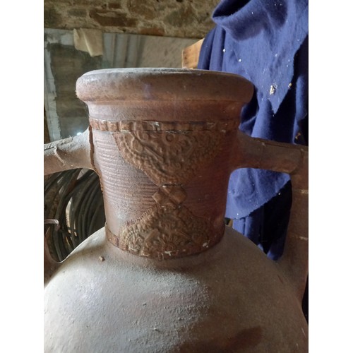 958 - Old Earthenware Pot Approximately 4ft 8 Inches with Applied Metalwork Damage to left Handle