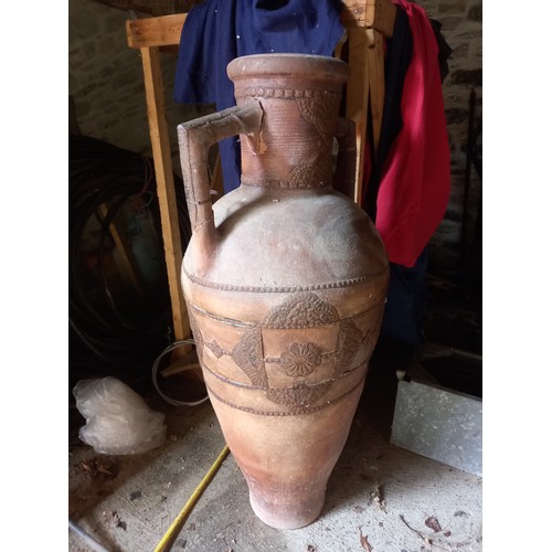 958 - Old Earthenware Pot Approximately 4ft 8 Inches with Applied Metalwork Damage to left Handle