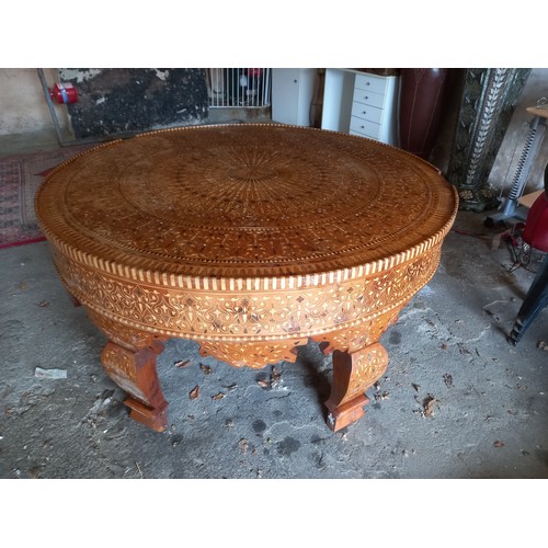 15 - Circular Marquetry Decorated Centre Table Olive Wood Approximately 4ft 6 Inches Diameter One Leg Det... 