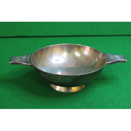 Twin Handled Circular Form Porringer with Decorated Side Handles above Slender Pedestal Support Hallmarked T Weir & Sons Dublin 2007 Weight 207 Grams 105cm Diameter