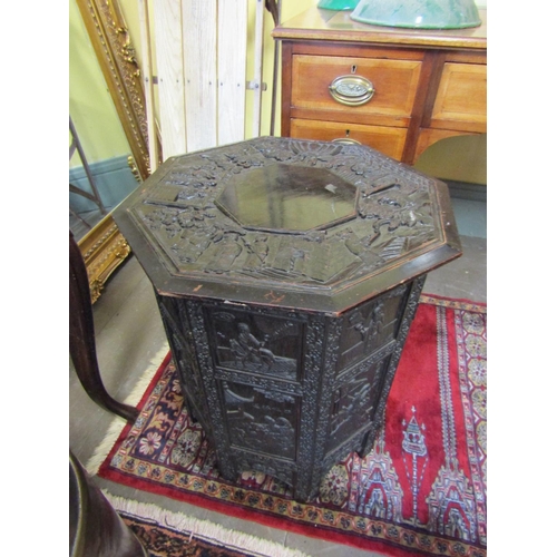 100 - Antique Carved Octagonal Form Occasional or Coffee Table Attractively Detailed with Various Scenes e... 