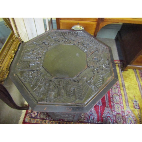 100 - Antique Carved Octagonal Form Occasional or Coffee Table Attractively Detailed with Various Scenes e... 