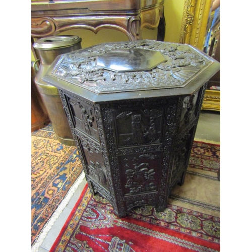 100 - Antique Carved Octagonal Form Occasional or Coffee Table Attractively Detailed with Various Scenes e... 