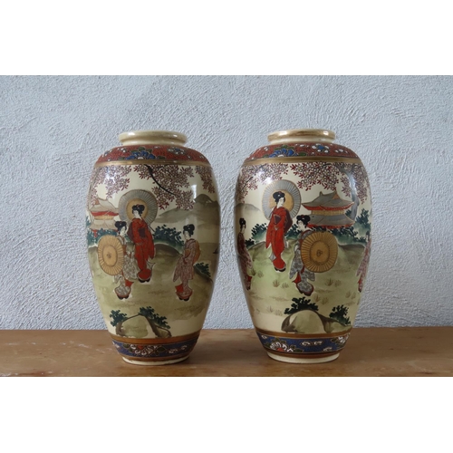 101 - Fine Pair of Antique Satsuma Vases Finely Detailed Each Approximately 13 Inches High