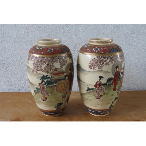 101 - Fine Pair of Antique Satsuma Vases Finely Detailed Each Approximately 13 Inches High