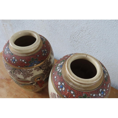 101 - Fine Pair of Antique Satsuma Vases Finely Detailed Each Approximately 13 Inches High