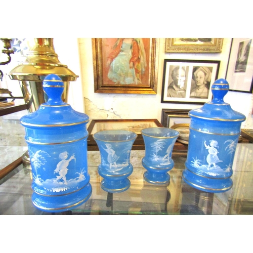 Victorian Suite Mary Gregory Crystal Blue Ground Original Covers to  Jars Finely Detailed Jars Approximately 7 Inches High Each