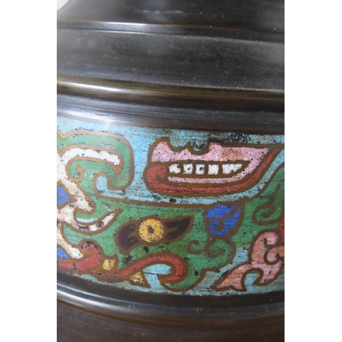 103 - Chinese Bronze Cloisonne Decorated Vase Shaped Form Side Carry Handles Approximately 11 Inches High