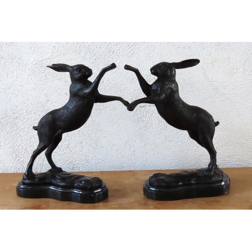 106 - Pair of Bronze Sculptures Boxing Rabbits Mounted on Shaped Form Marble Bases Each Approximately 12 I... 