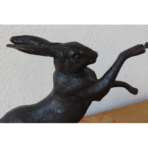 106 - Pair of Bronze Sculptures Boxing Rabbits Mounted on Shaped Form Marble Bases Each Approximately 12 I... 