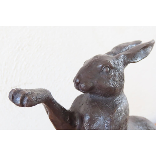 106 - Pair of Bronze Sculptures Boxing Rabbits Mounted on Shaped Form Marble Bases Each Approximately 12 I... 