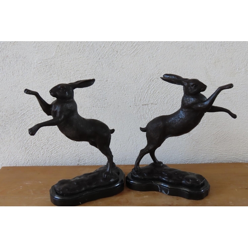 106 - Pair of Bronze Sculptures Boxing Rabbits Mounted on Shaped Form Marble Bases Each Approximately 12 I... 