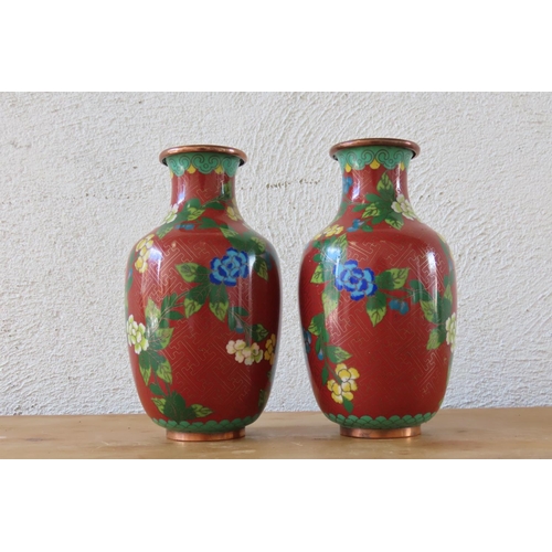 107 - Pair of Cloisonne Decorated Oriental Vases Each Approximately 7 Inches High