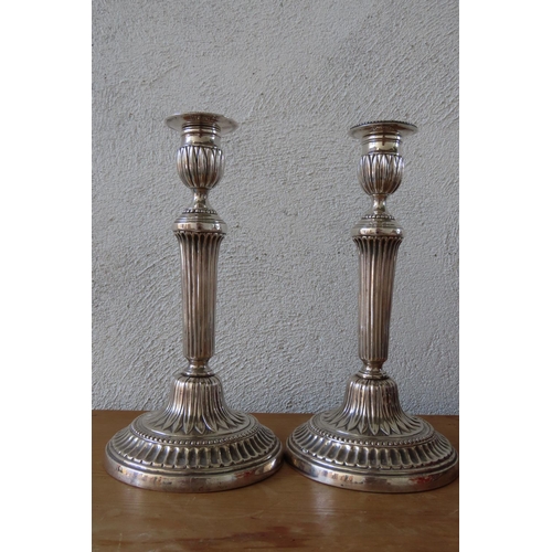 110 - Pair of Antique Silver Plated Candle Sticks Attractively Detailed Each Approximately 12 Inches High