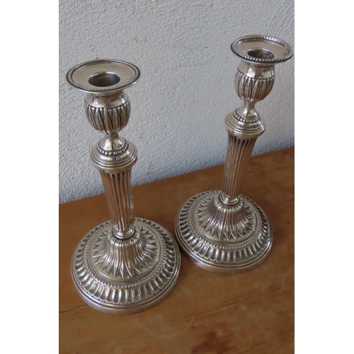 110 - Pair of Antique Silver Plated Candle Sticks Attractively Detailed Each Approximately 12 Inches High