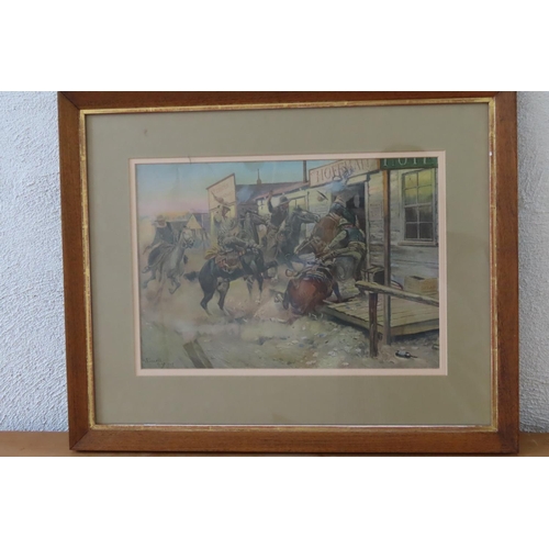 112 - Cowboy Framed Lithograph Titled 'In without Knocking' Victorian American Scene contained within Gilt... 