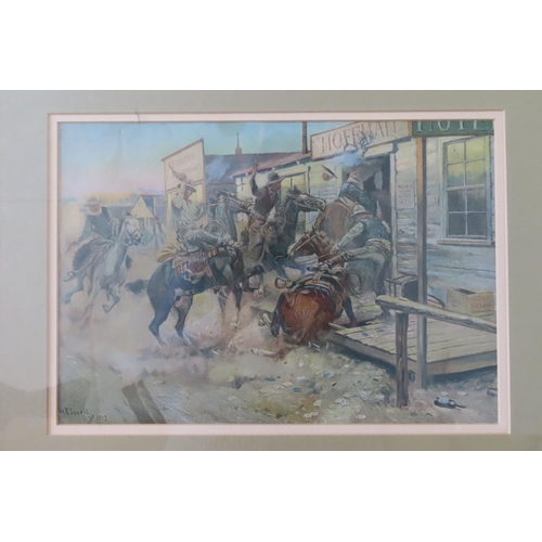 112 - Cowboy Framed Lithograph Titled 'In without Knocking' Victorian American Scene contained within Gilt... 