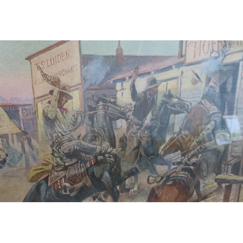 112 - Cowboy Framed Lithograph Titled 'In without Knocking' Victorian American Scene contained within Gilt... 