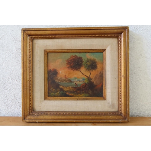 113 - Antique School Lake Scene Castle Beyond Oil on Board Frame Size Approximately 16 Inches High x 88 In... 