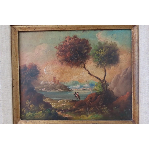 113 - Antique School Lake Scene Castle Beyond Oil on Board Frame Size Approximately 16 Inches High x 88 In... 