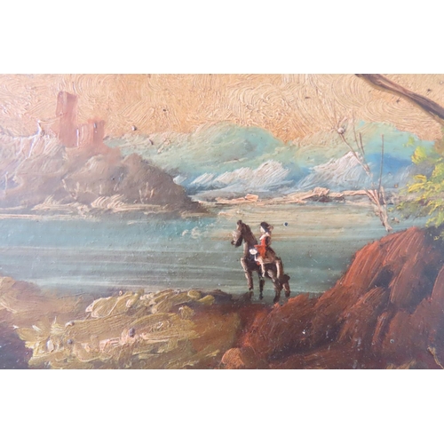 113 - Antique School Lake Scene Castle Beyond Oil on Board Frame Size Approximately 16 Inches High x 88 In... 