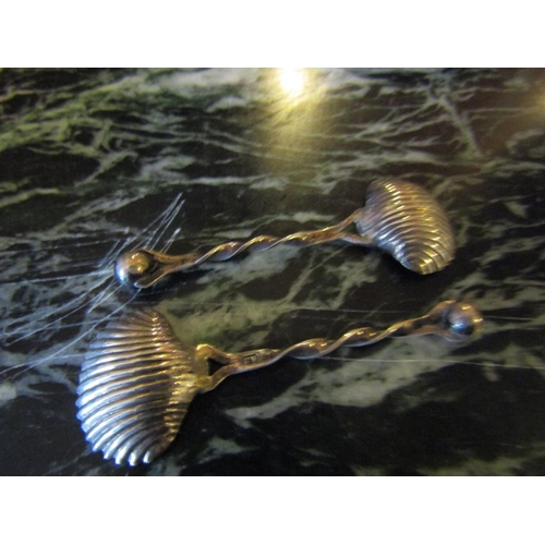 1187 - Two Antique Silver Scallop Form Salt Spoons