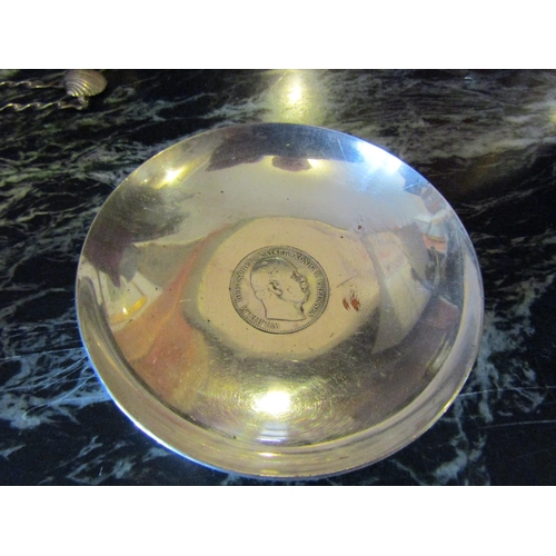 1188 - Silver Circular Form Pin Dish with Coin Set to Centre Approximately 4 Inches Diameter