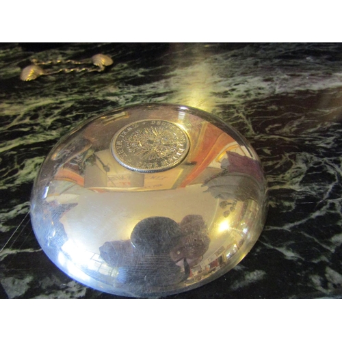 1188 - Silver Circular Form Pin Dish with Coin Set to Centre Approximately 4 Inches Diameter