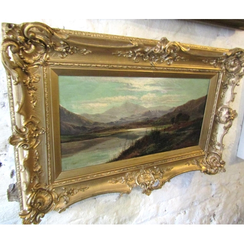 1213 - Charles Leslie Lake Scene with Mountains Beyond Oil on Canvas contained within Gilded Ornate Frame A... 